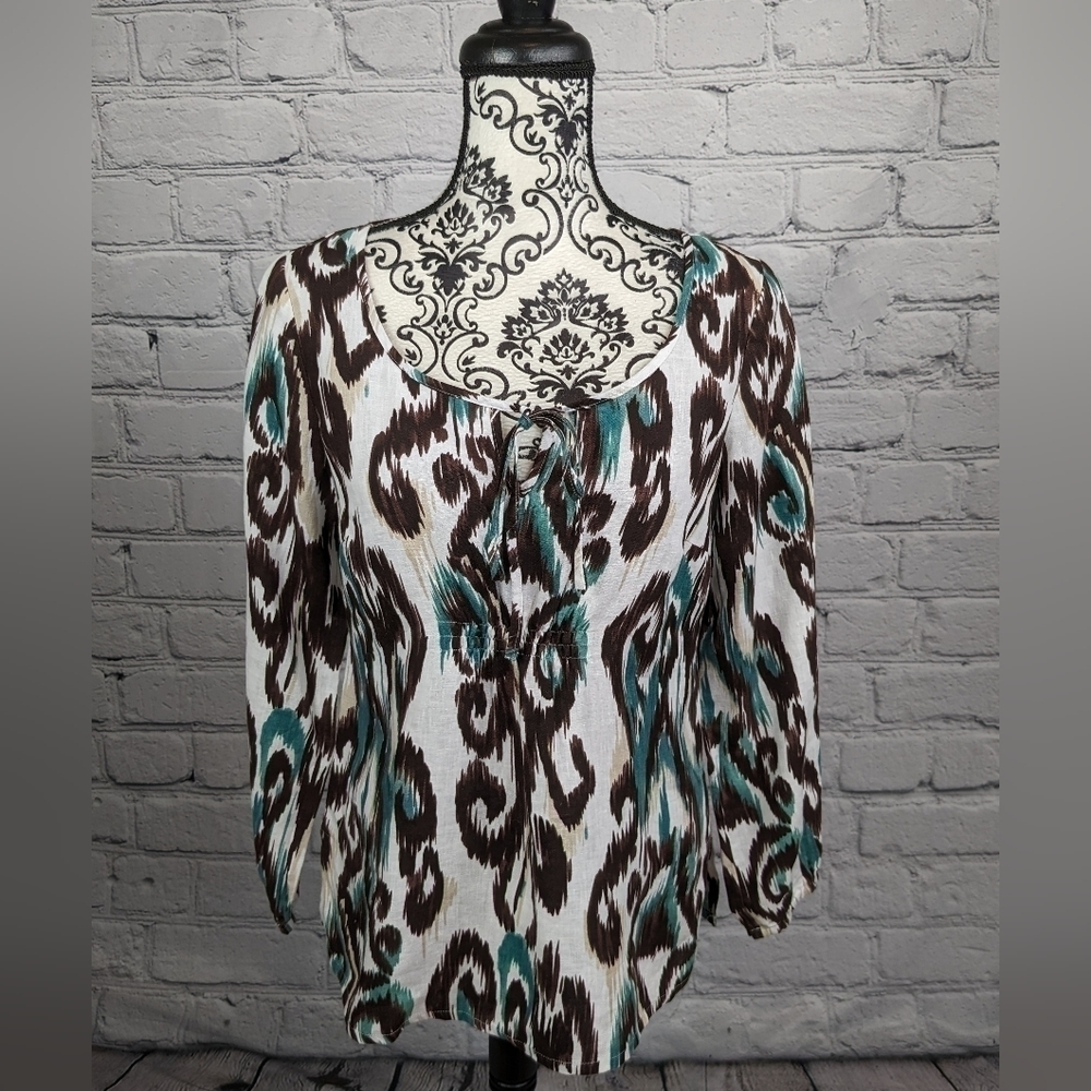 Style & Co women's long sleeve geo print tie front & back size 6P Linen top b23